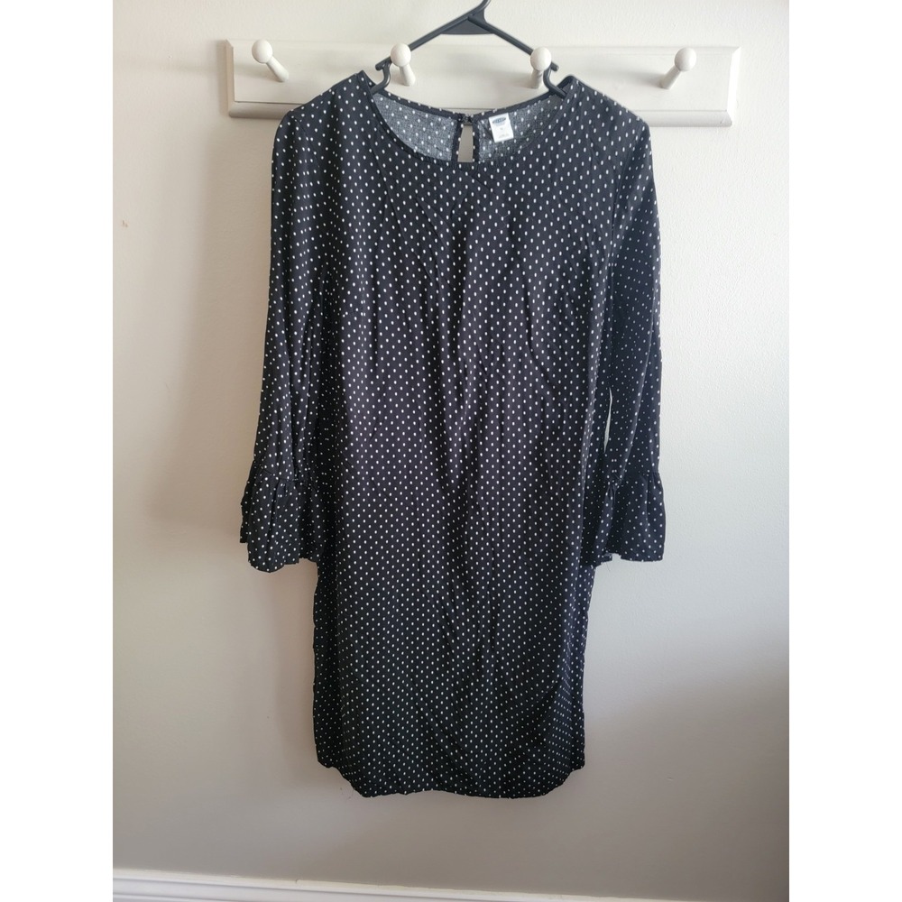 Old Navy Women's M Rayon Polka Dot Bell Sleeve Dress Black White Knee Length EUC